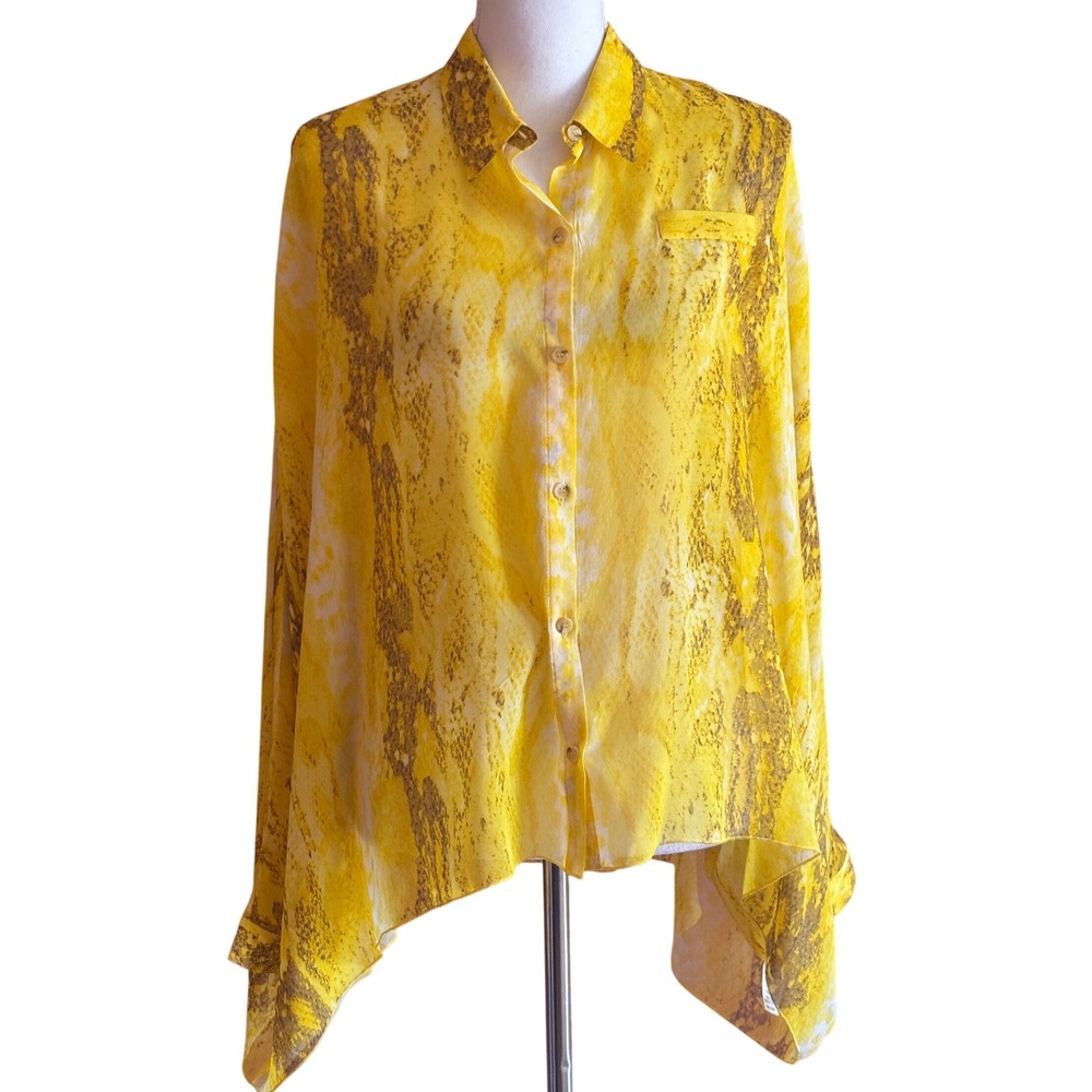 S.Y.L.K. Yellow Snakeskin Print 100% Silk Handkerchief Hem Blouse Top XS Draped